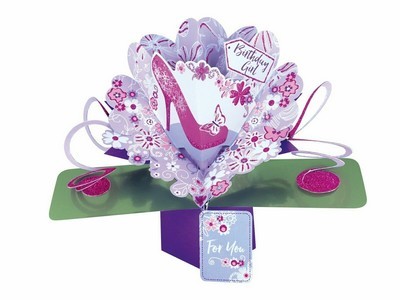 BIRTHDAY GIRL 3D POP UP CARD PURPLE PINK SHOE SECOND NATURE